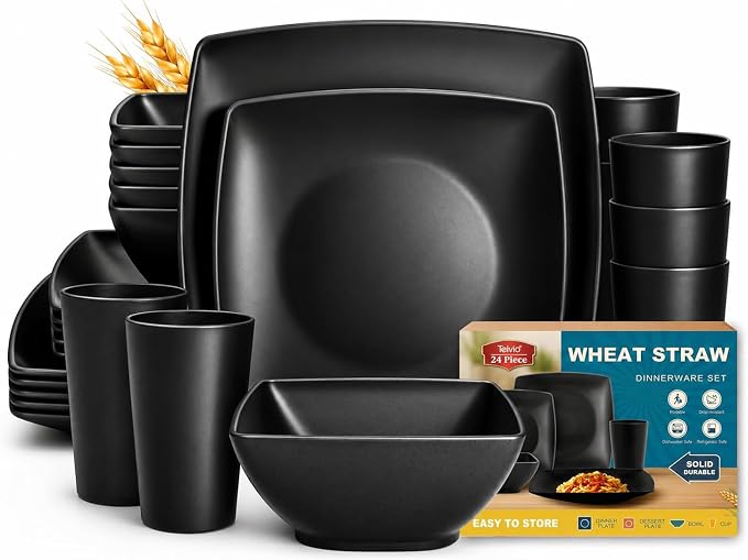 Teivio 24-piece Plastic Wheat Straw Square Dinnerware Set for 6, Unbreakable Dinner Plates, Salad Plates, Snack Bowls, Tumblers 13.5 oz, Dishwasher Safe, Outdoor Kitchen RV Dishes, Black