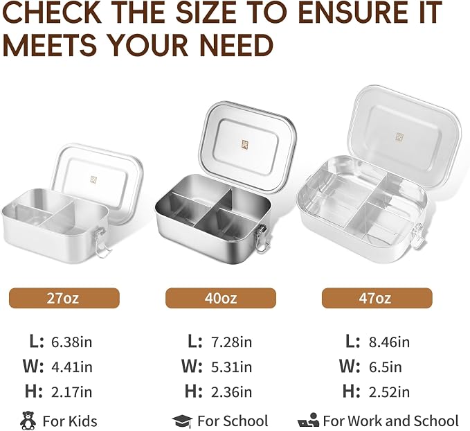 GOLDEN KEY Stainless Steel Lunch Box for Adults,Thickened Metal Bento Box with 4 Compartments, 40oz Large Capacity, Leak-Proof & Eco-Friendly Metal Food Container for Office, Meal Prep & Travel