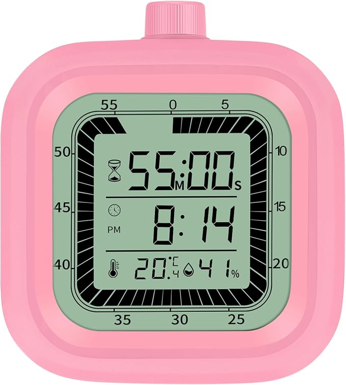 4 in 1 Visual Digital Visual Timer Battery Operation Alarm Clock with Humidity Temperature Monitor Magnetic Wall Mount Kitchen Study Timer for Classroom Office Bedroom Pink
