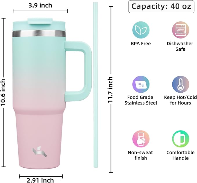 Konokyo 40 oz Insulated Tumbler Water Bottle with Handle, Straw Lid | BPA-free and dishwasher safe; made for gym, travel, coffee and gifting, 2 straws, cup holder friendly,Gum