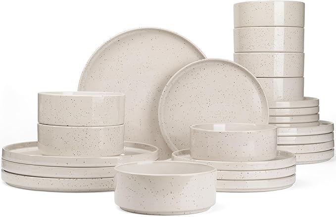 Famiware Nebula 24-Piece Stoneware Dinnerware Set, Creamy White | Plates and Bowls with Reactive Glaze and Colorful Speckles, Chip & Scratch Resistant, Microwave & Dishwasher Safe