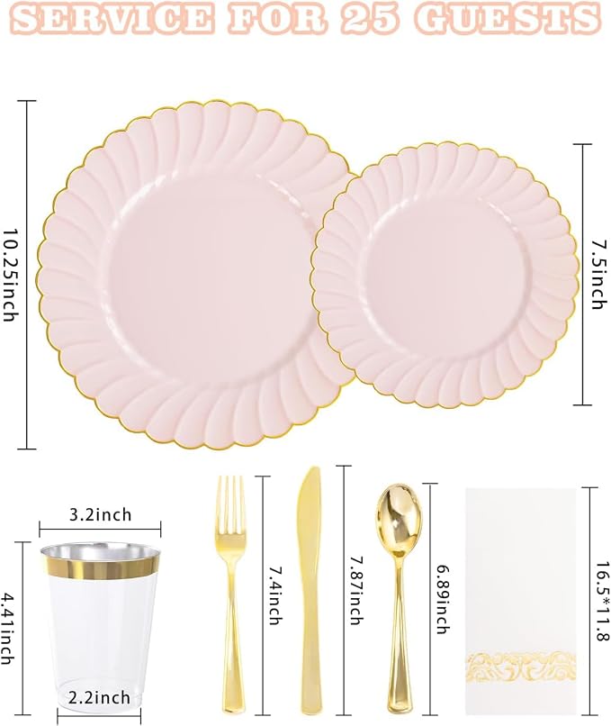 YOUBET 175PCS Pink Scalloped Plastic Plates for Party Wedding Baby Shower | Pink and Gold Disposable Dinnerware Set Include 50 Plates, 75 Gold Silverware, 25 Cups, 25 Napkins