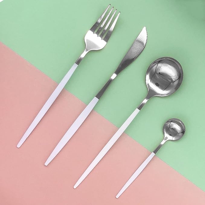 Silver Silverware Set, 24-Piece Stainless Steel Flatware Set Service For 6, Mirror Polished White Handle Tableware Cutlery Set Knife Fork And Spoon For Home & Restaurant, Dishwasher Safe