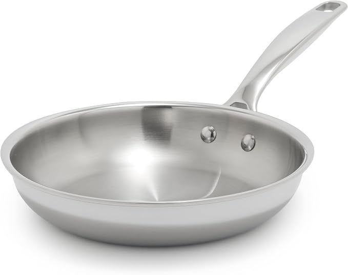 Blue Diamond Pro Steel 8" Tri-Ply Stainless Steel Frying Pan Skillet | Multi Clad Skillet, Induction & All Stovetop Suitable, Mirror Polished Finish, Dishwasher Safe, Oven Safe to 850F, Silver
