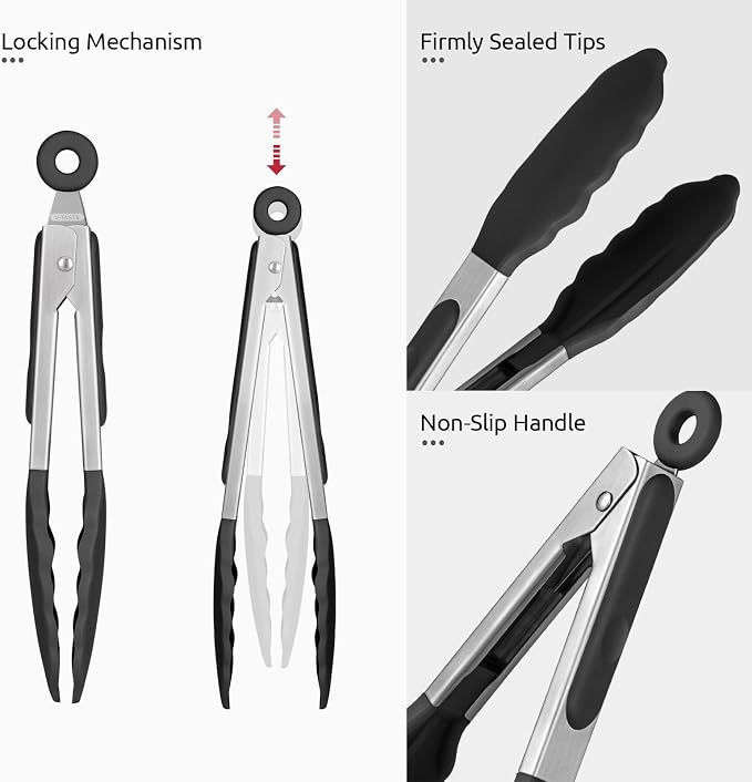 U-Taste Kitchen Tong for Cooking, 600ºF Heat-Resistant Silicone, 7in/Black | Small Mini Silicon Tongs for Serving Food, Short Salad Thong with Non Stick Rubber Tips & 18/8 Stainless Steel Handle