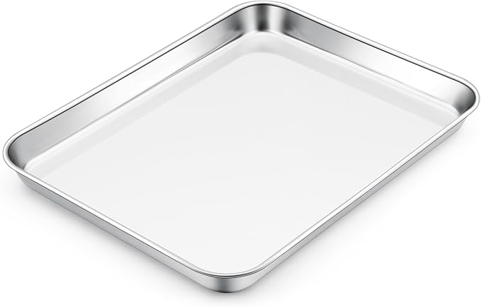 E-far Small Baking Sheet, 10.5”x8.3” Stainless Steel Toaster Oven Tray | Compact Non-toxic Metal Baking Pan for Cookie & Cake, Healthy & Rust Free, Mirror Finish & Dishwasher Safe