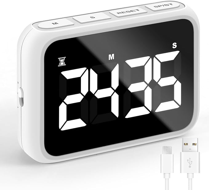 USB Rechargeable Loud Digital Kitchen Timer with Large LCD Display & Adjustable Loud Alarm - Ideal Magnetic Timer for Desk or Kitchen