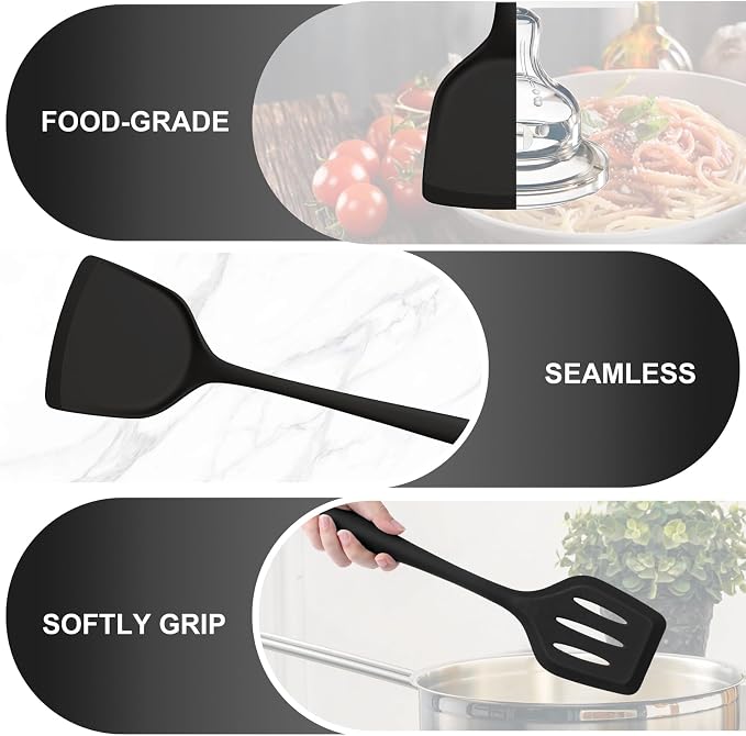 TeamFar Silicone Cooking Utensils Set, 5-Piece Kitchen Utensils Set | Heat Resistant Nonstick Slotted Solid Spoon Turner Pasta Server for Frying Serving Mixing, Non-Toxic & Dishwasher Safe, Black