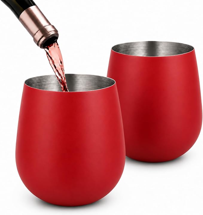 K&K Home Stainless Steel Unbreakable Stemless Wine Glasses - 15 oz - Set of 4 Colored, Stemless Metal Wine Glasses Perfect for Outdoors, Weddings, and Parties (Red)
