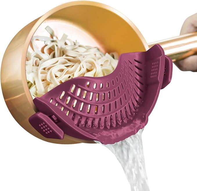 AUOON Clip On Strainer Silicone for Pots, Standard 8.86 x 3.55in, Cherry | Food-grade BPA-free, Fits Pots Pans Bowls, Dishwasher Safe, for Pasta Noodles Vegetable Fruits, Space-saving Kitchen Gadget