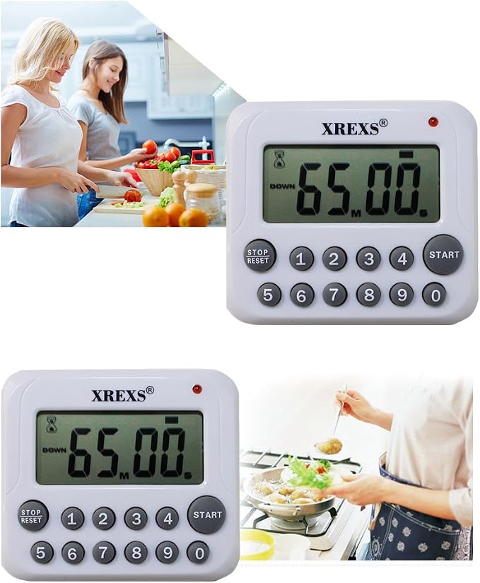 XREXS Digital Kitchen Timer Magnetic Countdown Up Cooking Timer Clock | with Magnet Back and Clip, Loud Alarm, Large Display Minutes and Seconds Directly Input-White (2 Battery Included) (DC-12)