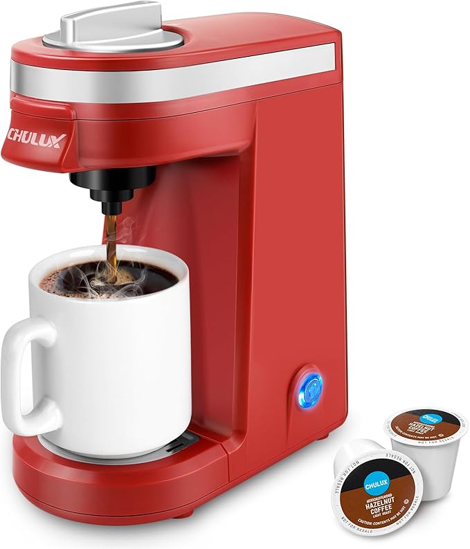 CHULUX Mini Single Cup Coffee Maker for K Pod, Perfect for Small Space, Red | Fast-Heating Boiler System, Single Cup Brewing, Portable Compact Design, Four-Hole Multi-Stream Needle, Adjustable Drip Tray