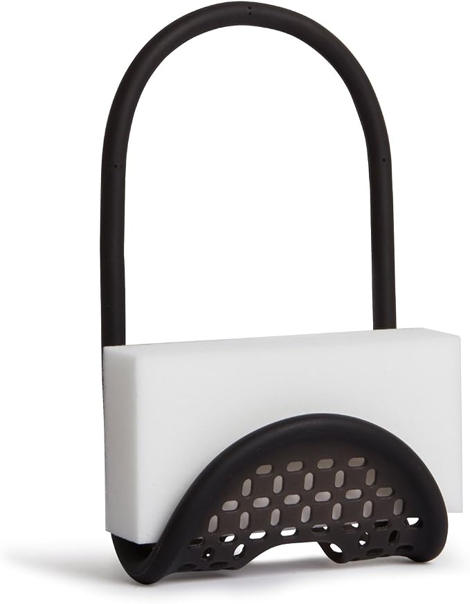 Umbra Sling Flexible Sink Caddy, Elastic Non-Slip Sponge Holder, Black | Rubber material, perforated base for drainage, prevents moisture buildup, fits faucet necks, easy rinse clean