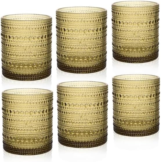 Cocktail Glasses 10 oz Hobnail Drinking Glasses Set of 6, Vintage Glassware, Textured Glass Cups Bubble Glasses Water Glasses Old Fashion Jupiter Glasses Set, Green