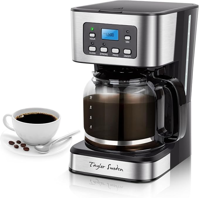 Taylor Swoden 12-Cup Programmable Coffee Maker, Black & Stainless Steel | Regular & Strong Brew Drip Coffee Machine for Home and Office, 24H Timer, Glass Carafe, Pause & Serve, Auto Shut Off
