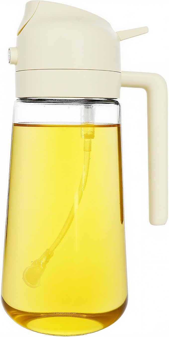 ZHIYE Oil Spray Bottle for Cooking, 16oz/470ml 2 in 1 Olive Oil Dispenser Sprayer for Kitchen Premium Clear Glass Oil Bottle for Cooking, Air Fryer, BBQ, Salad, Beige