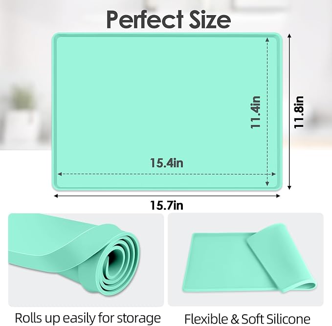 Silicone Coffee Maker Mat with Lip for Countertops 15.7''x11.8'' Mint Green | Multi leak-proof coffee tray for countertop, non-slip silicone mat fits most coffee makers & espresso machines, wipe-clean