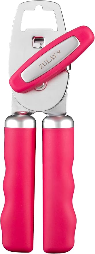 Zulay Kitchen Heavy Duty Stainless Steel Can Opener Manual with Bottle Opener - Rust Proof Manual Can Opener With Turn Knob & Comfy Soft Grip Handles - Dragonfruit