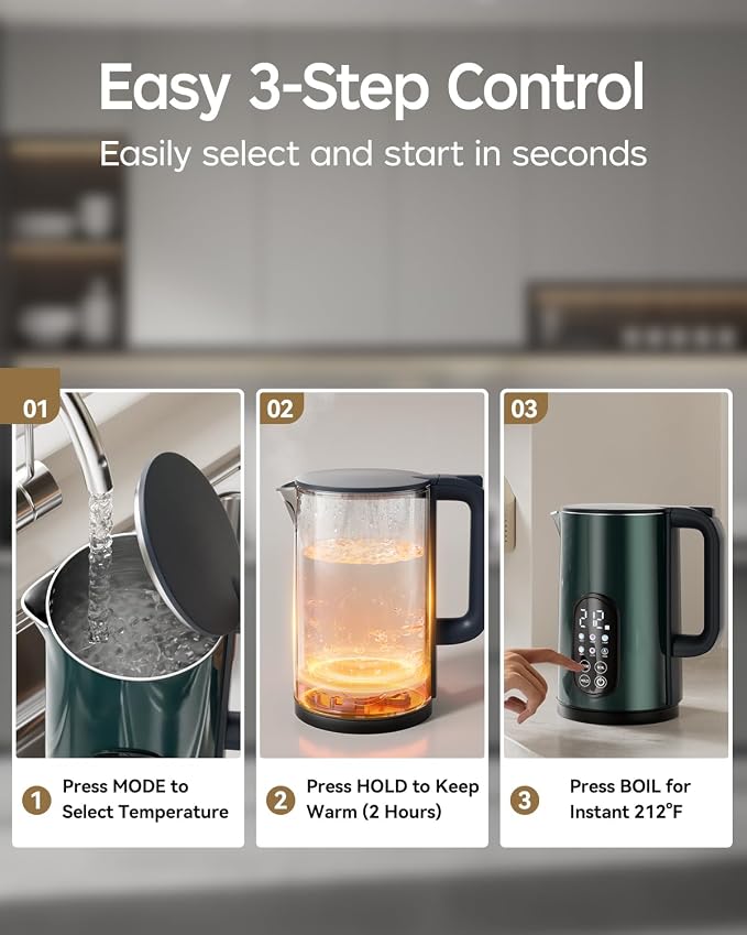 1.7L Stainless Steel Electric Kettle with Temperature Control – Green | 5 Preset Temperatures for Tea & Boiling Water, 2H Keep Warm, 1200W BOIL Mode, 304 Stainless Steel Interior, Cordless Base