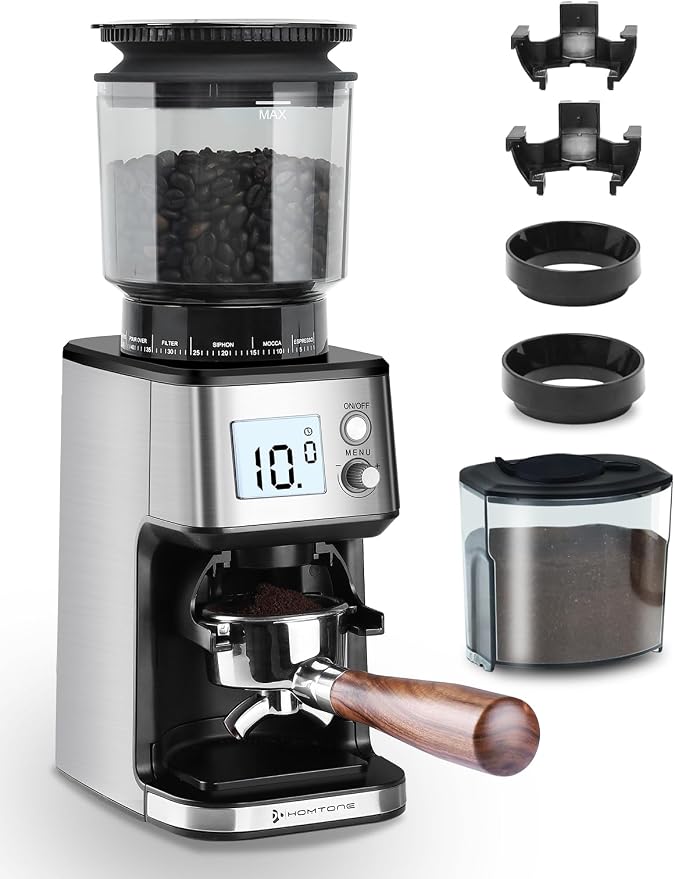 Homtone Conical Burr Espresso Coffee Grinder – 51mm Stepless Electric Bean Grinder with Grind Settings, Precision Timer, Stainless Steel Mill with Portafilter Holders, Anti-Static for Drip/Moka