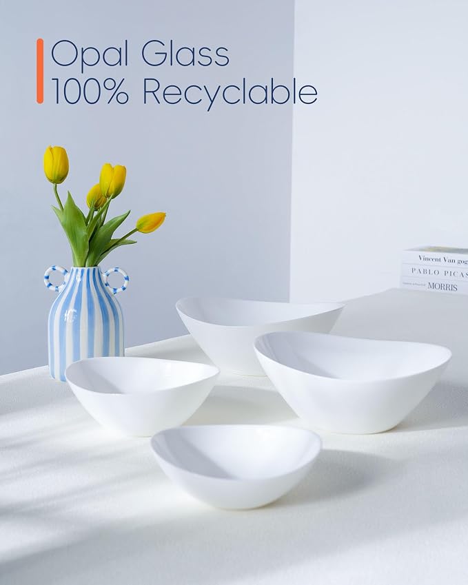 Oval Serving Bowls Set of 4, 12/20/43/66 OZ White Opal Glass | Space-saving nesting design with microwave & dishwasher safe, perfect for mixing, salad, fruit, pasta, dessert & prep
