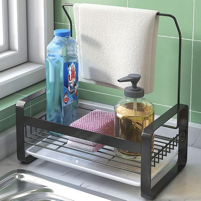 Sponge Holder with rag stick for Kitchen Sink - Rustproof Sink Caddy with Instant Drying Stone, Removable Dish Brush Holder, Stainless Steel Kitchen Caddy for Coutertop Storage Accessories