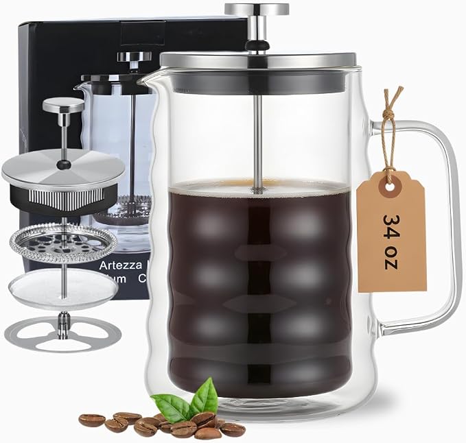 Glass French Press Coffee Maker, Heat Resistant Borosilicate Glass (34oz Wavy)