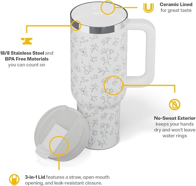 RTIC 40 oz Road Trip Tumbler Double-Walled Cermaic Lined Insulated Stainless Steel Portable Travel Coffee Mug Cup with Lid, Handle and Straw, White Magnolias