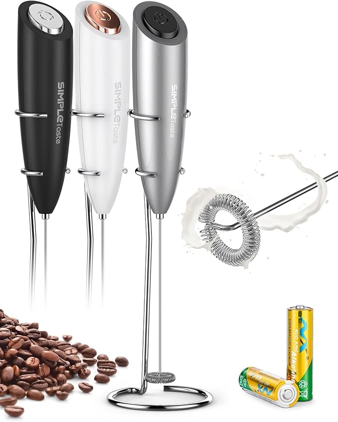 SIMPLETASTE Milk Frother Handheld Electric Foam Maker Battery Operated | Drink Mixer with Stainless Steel Whisk for Cappuccino, Bulletproof Coffee, Latte, Gray, with Stand