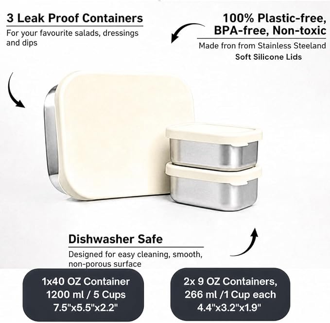 Flexibento - 40 OZ Set -Leak proof Stainless Steel Lunch Box Containers, Lunch Containers with Silicone Lids,Steel Bento Box,Metal lunch Box, Vanilla set of 3, 1 * 40OZ + 2 * 9 OZ