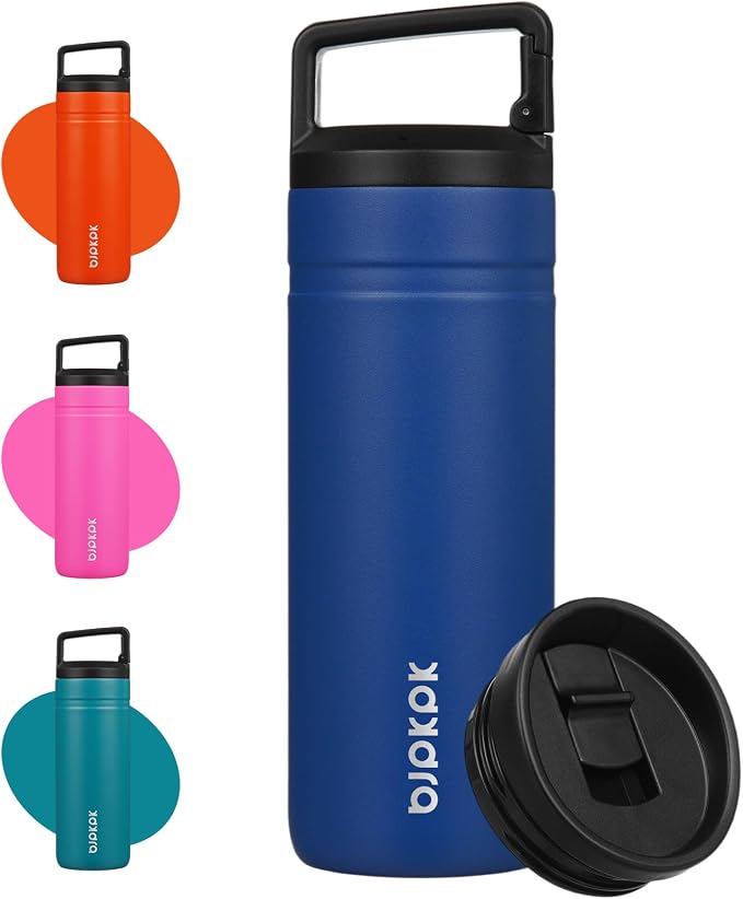 BJPKPK 20 oz Insulated Travel Water Bottle, Coffee Tumbler Stainless Steel | Double Wall Vacuum, Leakproof, Thermal, Keeps Hot/Cold, Dishwasher Safe, Spill Proof, Wide Mouth, 2 Lids, Sapphire Blue