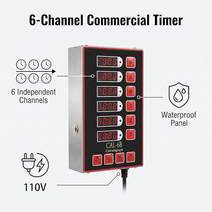 6 Channel Precision Kitchen Timers for Cooking, Commercial Kitchen Timer Restaurant Kitchen Supplies, Stainless Steel Digital LED Chef Cooking Timer, Reminder Function, Drillable wall mounting, Red