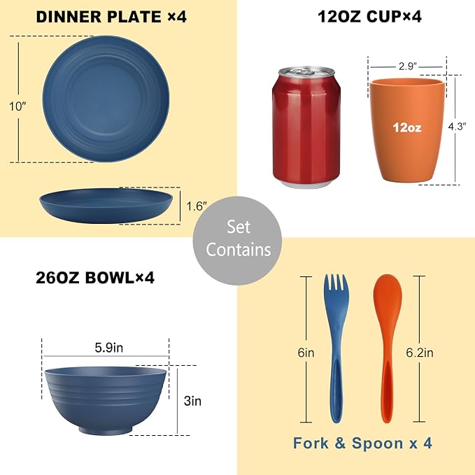 PYRMONT Wheat Straw Plate and Bowl Set 20 PCS Unbreakable Dinnerware Set Service for 4 Dishwasher & Microwave Safe Kitchen Dish Set for RV,Camping and Picnic,Kitchen Essentials-Multi