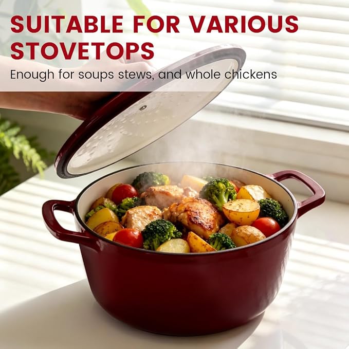 Enameled Cast Iron Dutch Oven 5.2 Qt with Lid, Red | For Sourdough Bread, Stews & Roasts, Oven Safe to 500F, Works on Gas, Electric & Induction Stovetops.