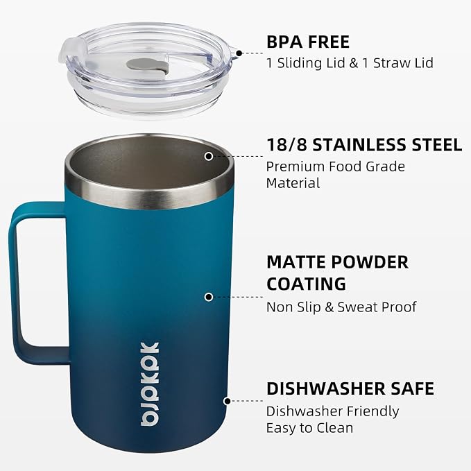 BJPKPK 25oz Insulated Coffee Mug with Handle, Stainless Steel Travel Mug | Keeps Drinks Hot & Cold, Double Wall Vacuum, 2 Lids Included, BPA-Free Coffee Tumbler for Home, Office & Travel