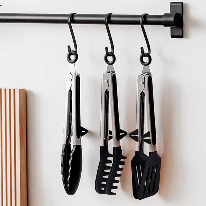9" Kitchen Tongs for cooking with Silicone Tips, 3Pcs Serving Tongs, Black | Small Silicone Tongs mit kickstand, Food Grade, 3 different type of tongs, Stainless Steel