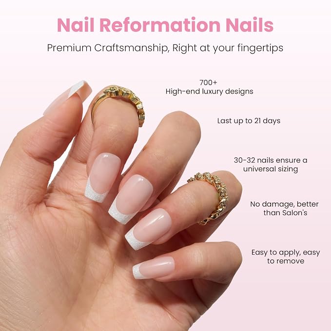 Nail Reformation Press On Nails, High Society Pink Short Coffin Fake Nails | Shimmer White French Tip, Glossy Reusable Stick On Nails Kit - 32 Pcs in 16 Sizes with Glue, Manicure Gifts for Women
