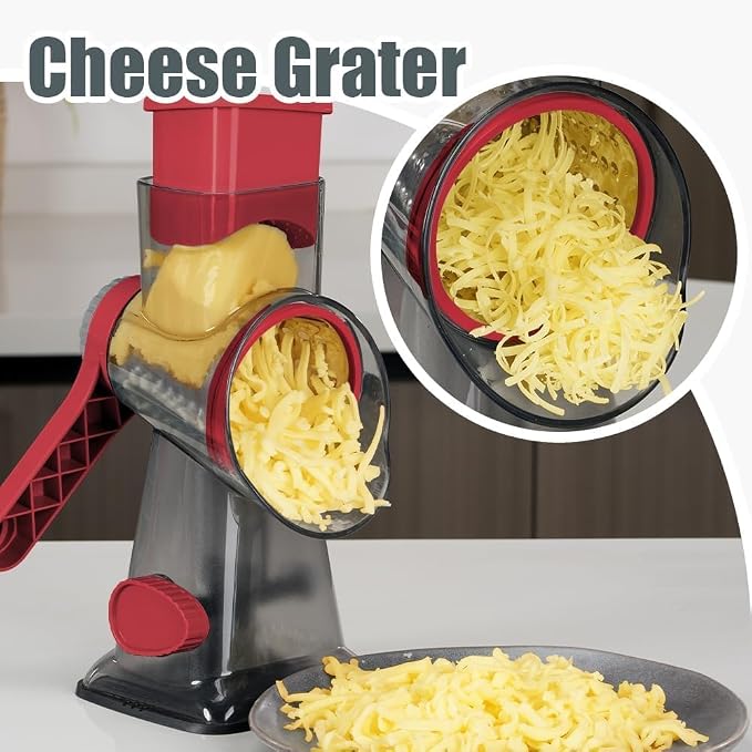 Rotary Cheese Grater Pro 6 in 1 - Shredder Crinkle Slicer Grinder Ice Shaver, Stable Suction, Time-saving Easy Use & Clean, Safe Morden Kitchen Tool for Cheese, Vegetable, Nuts, Chocolate