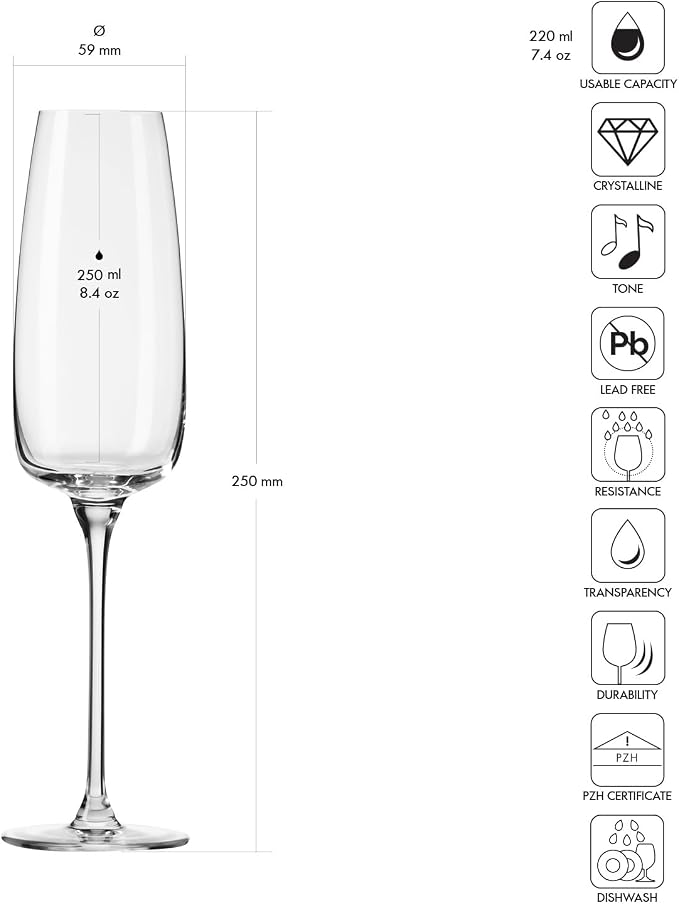 KROSNO Champagne Flutes Set of 4, 8.5 oz, Modern Collection | Drinking Glasses, Led-Free Crystal Glasses for Prosecco Sparkling Wine, Wedding Champagne Flutes, Dishwasher Safe