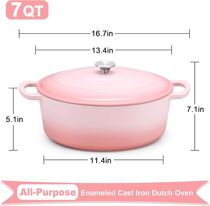 E-far 7QT Oval Dutch Oven Pot with Lid, Enameled Cast Iron Dutch Oven with Dual Handles, Heavy-Duty Cookware for Sourdough Bread Baking, Braising, Stews, Oven Safe & Easy Clean, Pink