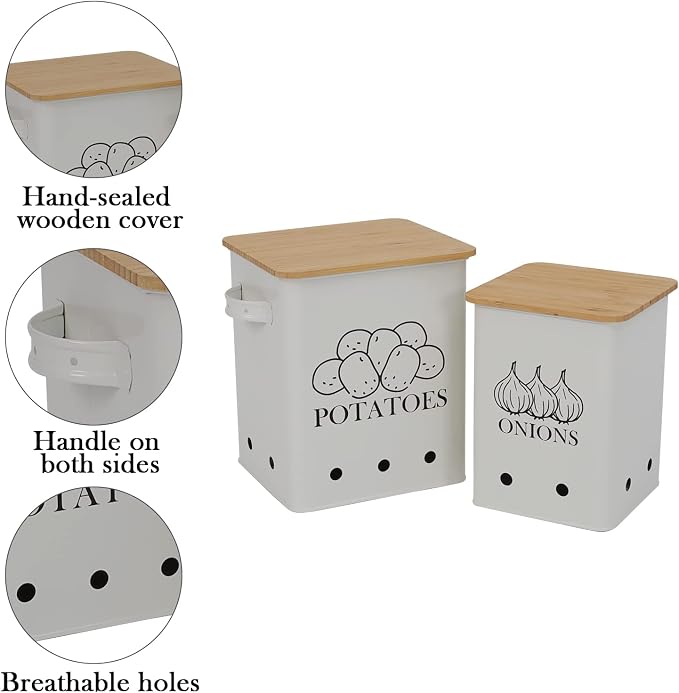 Kitchen Vegetable Storage Tins Set of 2, Onion and Potato Storage Bins with Wooden Lid and Aerating Holes, Garlic Bin Caddy, Vintage Kitchen Decor, White