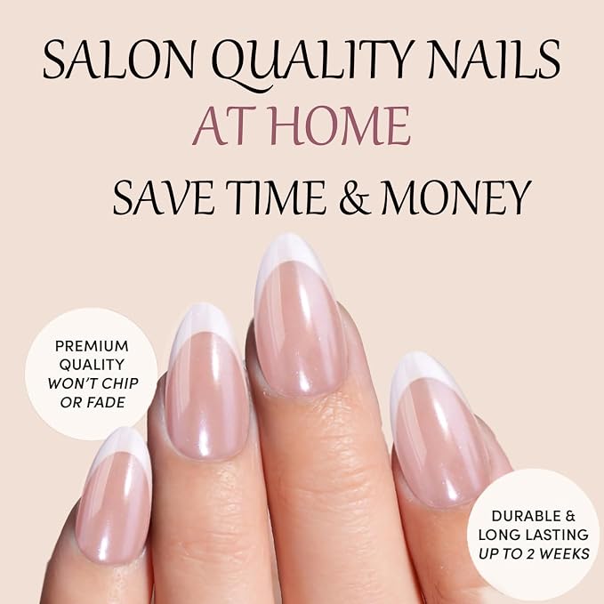 French Tip Press On Nails,White Short Almond Reusable Stick On Nails | French Tip UV Finish Short Almond Fake Nails, Salon Quality Semi-Transparent Nails in 12 Sizes - 24 Nail Kit with Glue