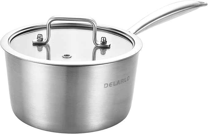 DELARLO Full-body Clad Tri-Ply Stainless Steel 3 Quart Saucepan with Lid | Stainless Steel Pot Induction Cooking Sauce Pot Pan, Fast and Even Heat, Heavy Duty Saucier Cookware, PFOA&PTFE Free