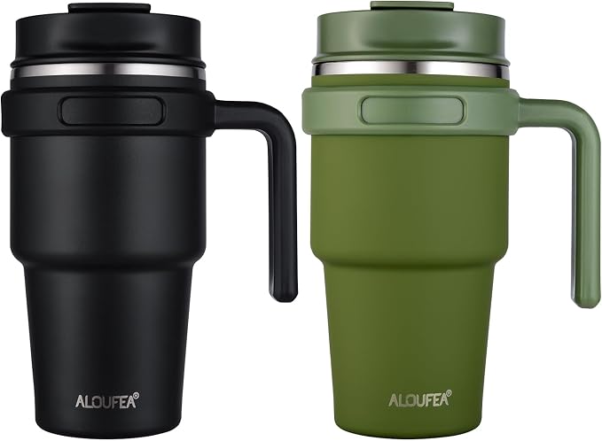 20 oz Insulated Travel Coffee Mug Tumbler with Handle and Straw | Leakproof Stainless Steel Coffee Cup with Lid, Double Wall Vacuum Ice Thermal Cup, Black and Army Green