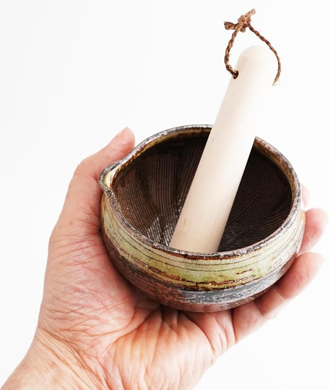 Traditional Japanese Mini Sesame Seed Grinder with Pestle - Mino Takada-yaki Ceramic - Deep Amber - Ideal for Dressings and Sauces (Caramel Color)