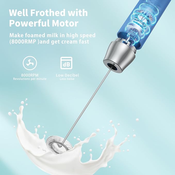Maestri House LunaFro Rechargeable Milk Frother,Stand & 2 Detachable Whisks | 8000RPM Turbo Motor, 1200mAh lithium battery, Handheld Milk Frother for Lattes, Cappuccino, Matcha & Powdered Supplements