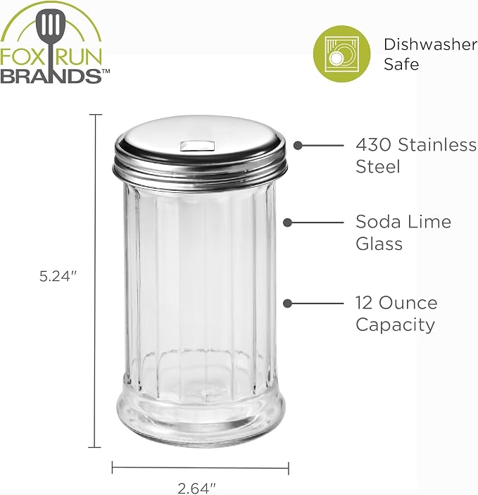 Fox Run Classic Glass Sugar Shaker, 12 Ounce Salt and Sugar Container With Stainless Steel Lid