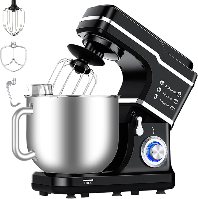 7.5 Qt Stand Food Mixer for Home Cooks, 660W Tilt-Head Electric Kitchen Mixer with 10 Speeds, Stainless Steel Bowl & Attachments for Baking and Dough Hook, Whisk, Beater, Splash Guard, Black