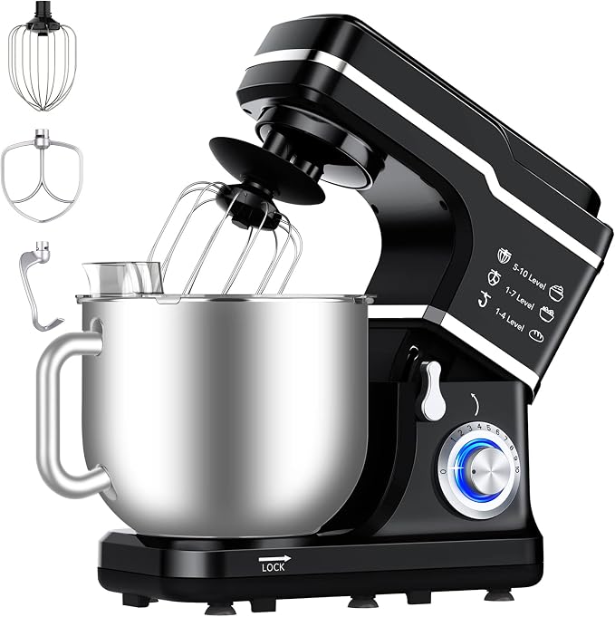 Garvee 7.5 QT Stand Food Mixer, 10-Speed Tilt Head 3 in-1 Kitchen Electric Mixer with Stainless Steel Bowl, Egg Whisk, Dough Hook, Beater, Splash Guard, Compact Dough Mixer for Home Cooks, Black