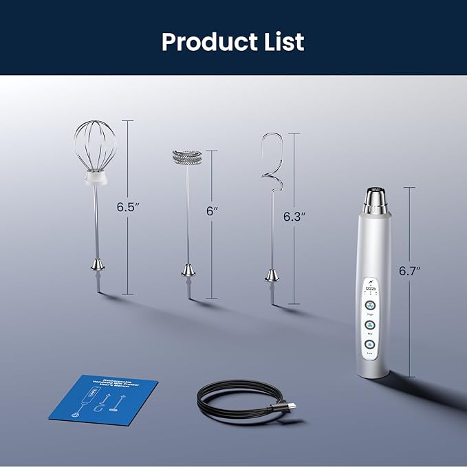 Milk Frother Wand Rechargeable Handheld Electric Whisk 3 Speed Adjustable | Coffee Frother Wand with 3 Stainless Whisks Electric Foam Maker Drink Mixer Blender for Latte Cappuccino Matcha Egg